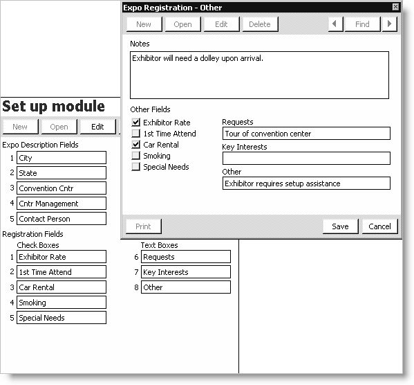 Example of the user-defined Registration Fields displayed on the Expo Registration - Other window
