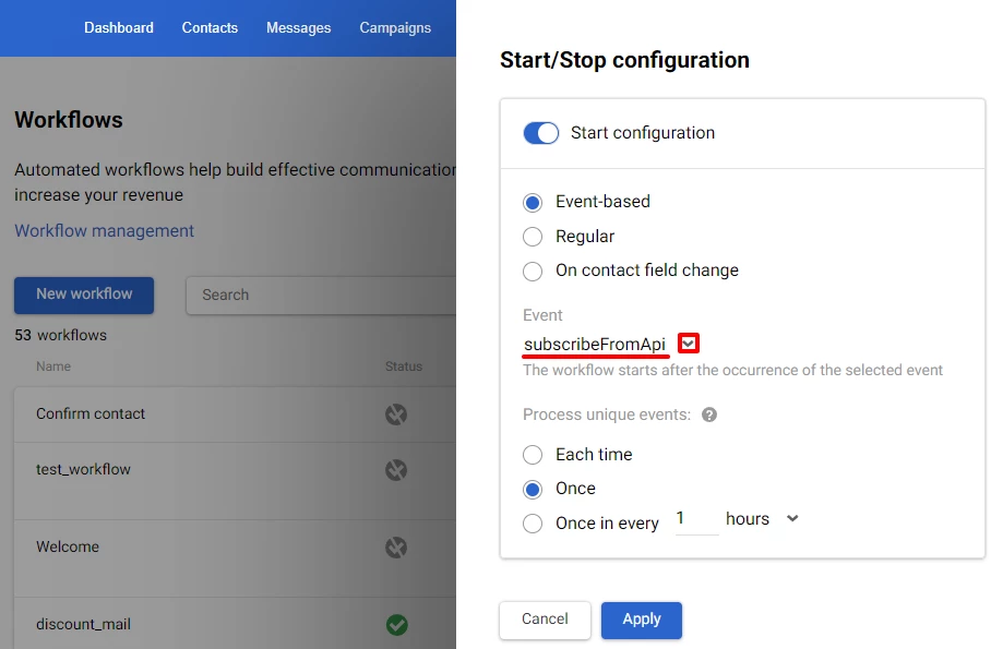 Start configuration panel