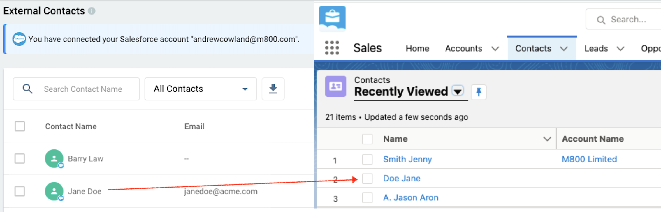 Newly created contact in CINNOX, synced in Salesforce