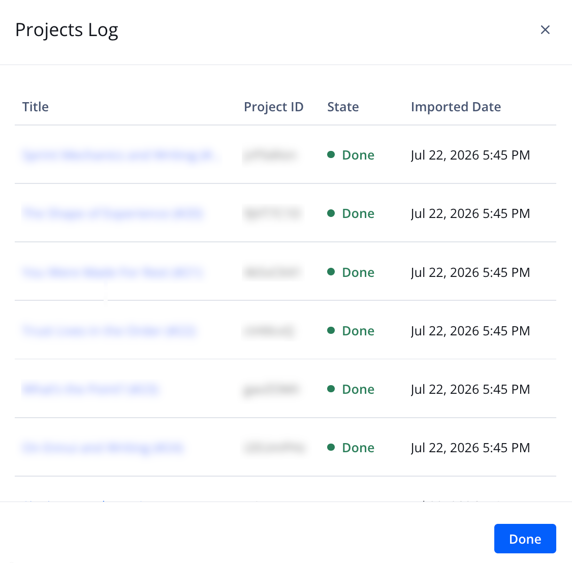 Projects Log panel