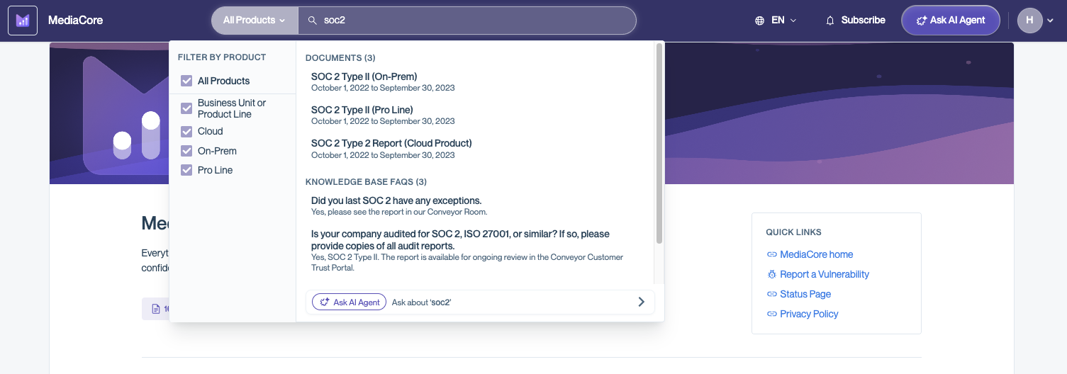 Trust Center global search dropdown showing results for a 'soc2' query. The left panel displays Filter by Product checkboxes for All Products, Business Unit or Product Line, Cloud, On-Prem, and Pro Line. The right panel shows 3 matching documents with date ranges and 3 Knowledge Base FAQs with preview text. An Ask AI Agent option appears at the bottom of the results.