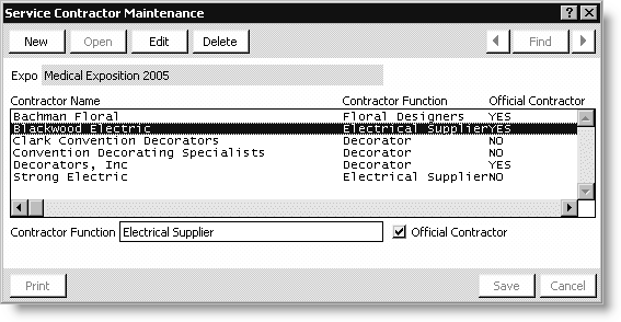From Exposition, select Set up an exposition, double-click an exposition, click More, and select Service Contractors