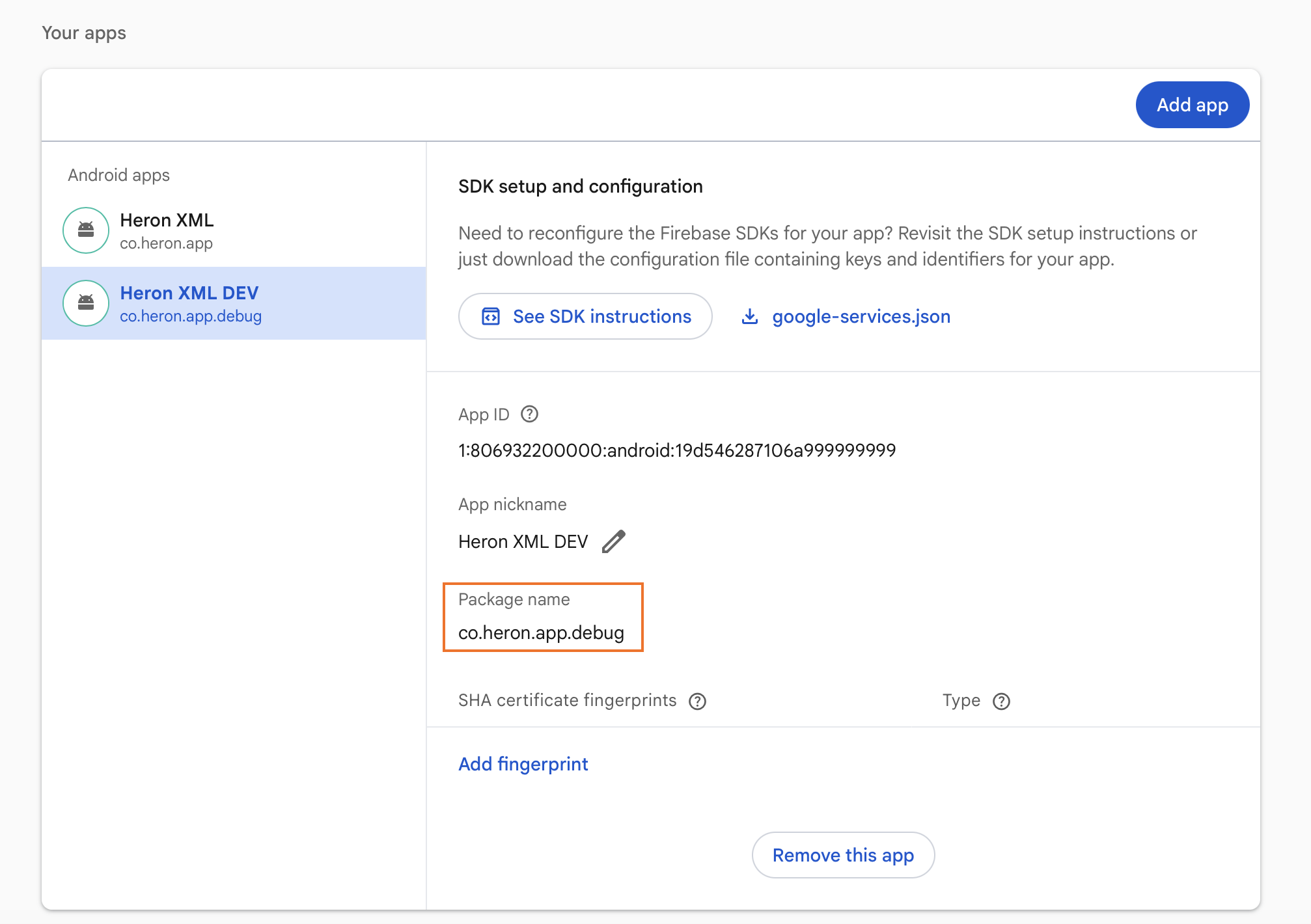 Package name in Firebase Console