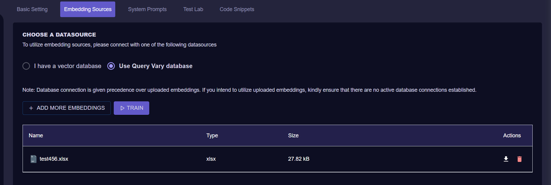 Query Vary - Train Datasource screen