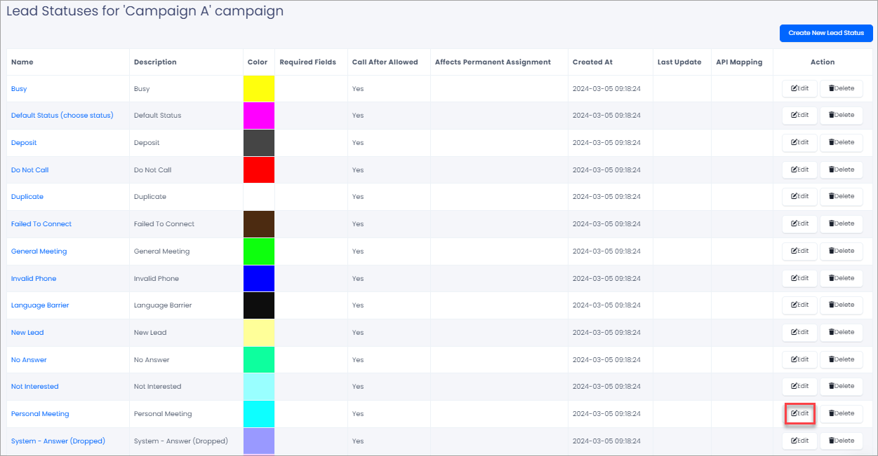 Screenshot with the edit lead status settings button