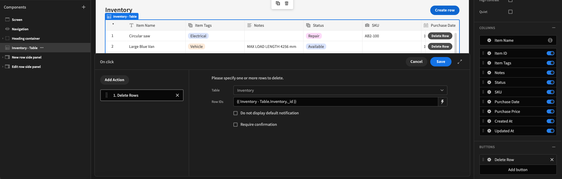 Setup for deleting rows from tables.