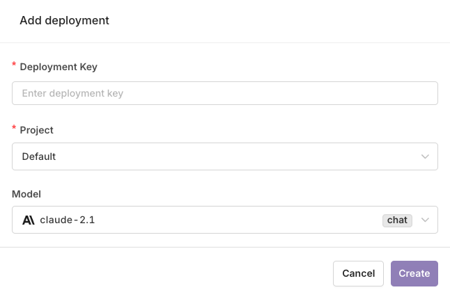 The modal shown during creation of a Deployment. Here you can set a key for the playground (alphanumeric), choose which [domain](doc:domains) it belongs to, and select the primary model to use within this deployment. All parameters can be changed later.