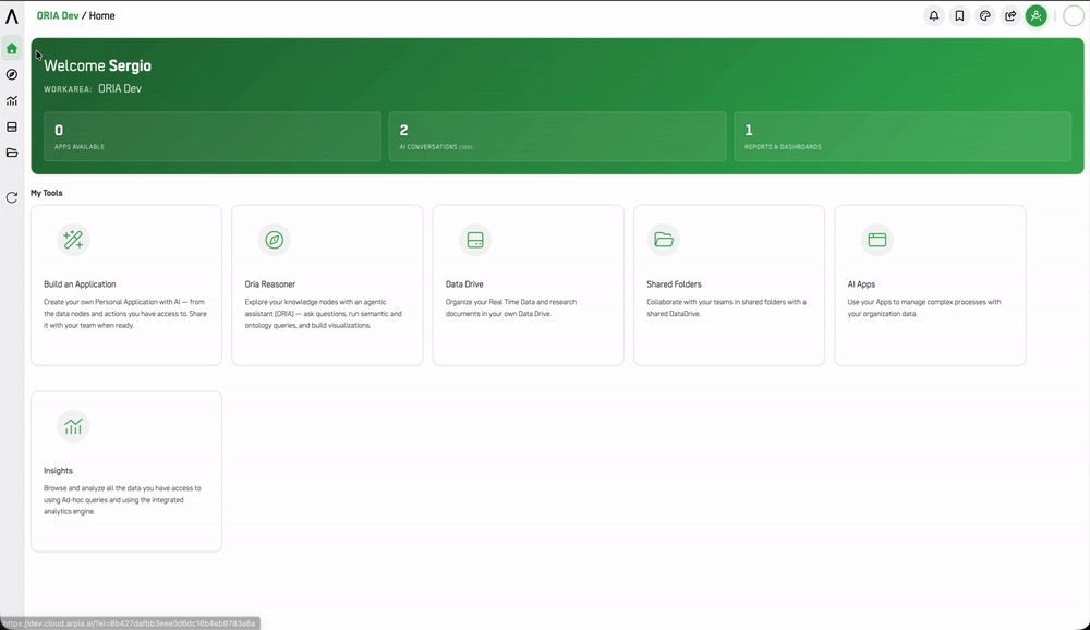 Screenshot: Empty Oria workspace, no sessions yet