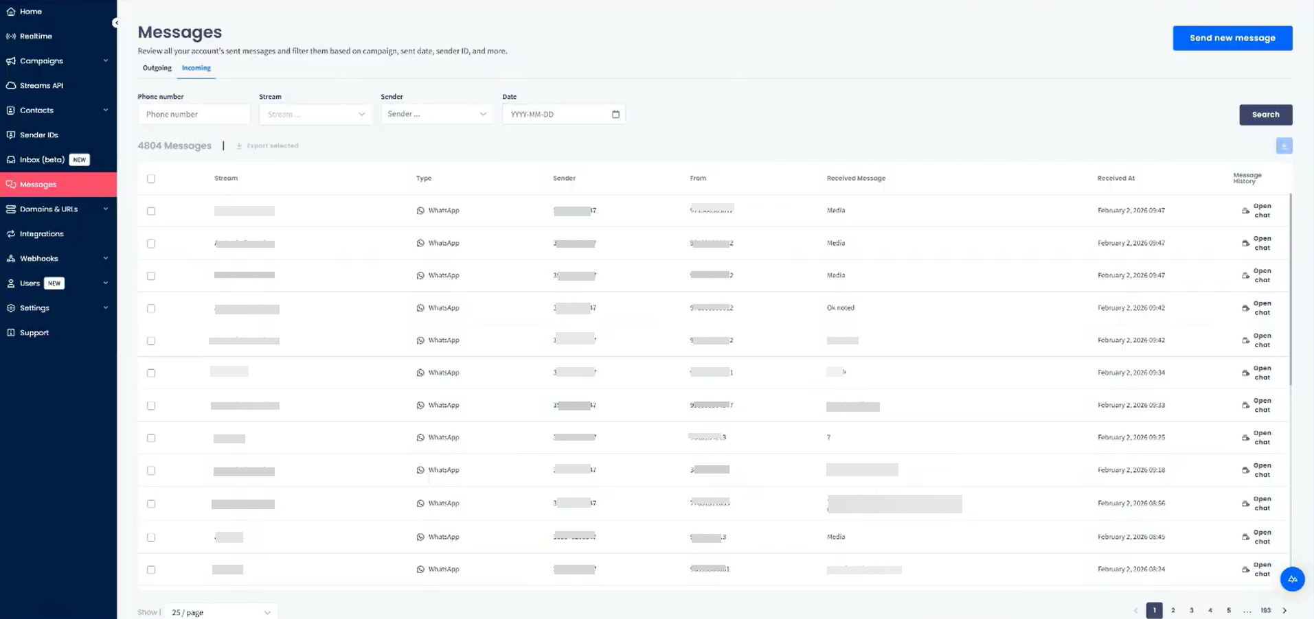 Screenshot of the Messages > Incoming tab