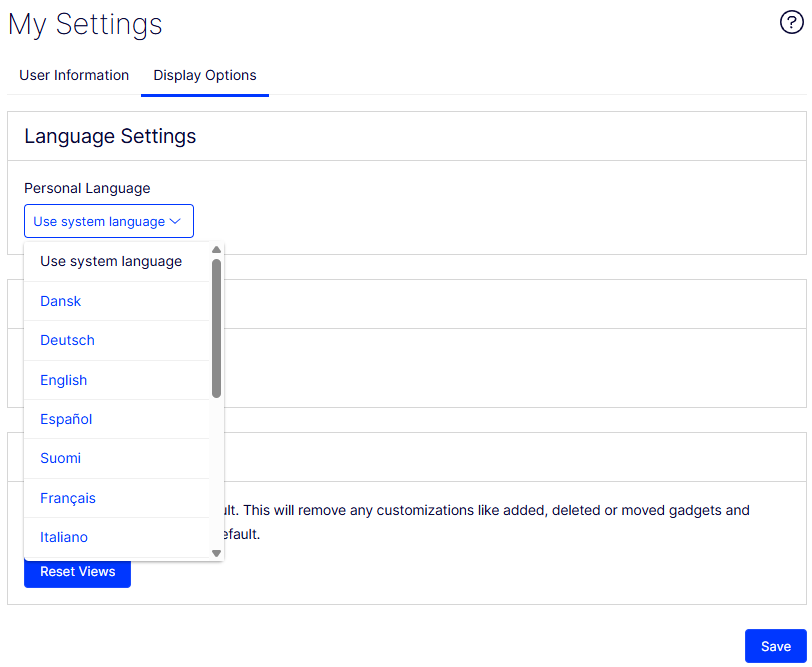 screenshot of the Display Options tab with the Personal Language drop-down list