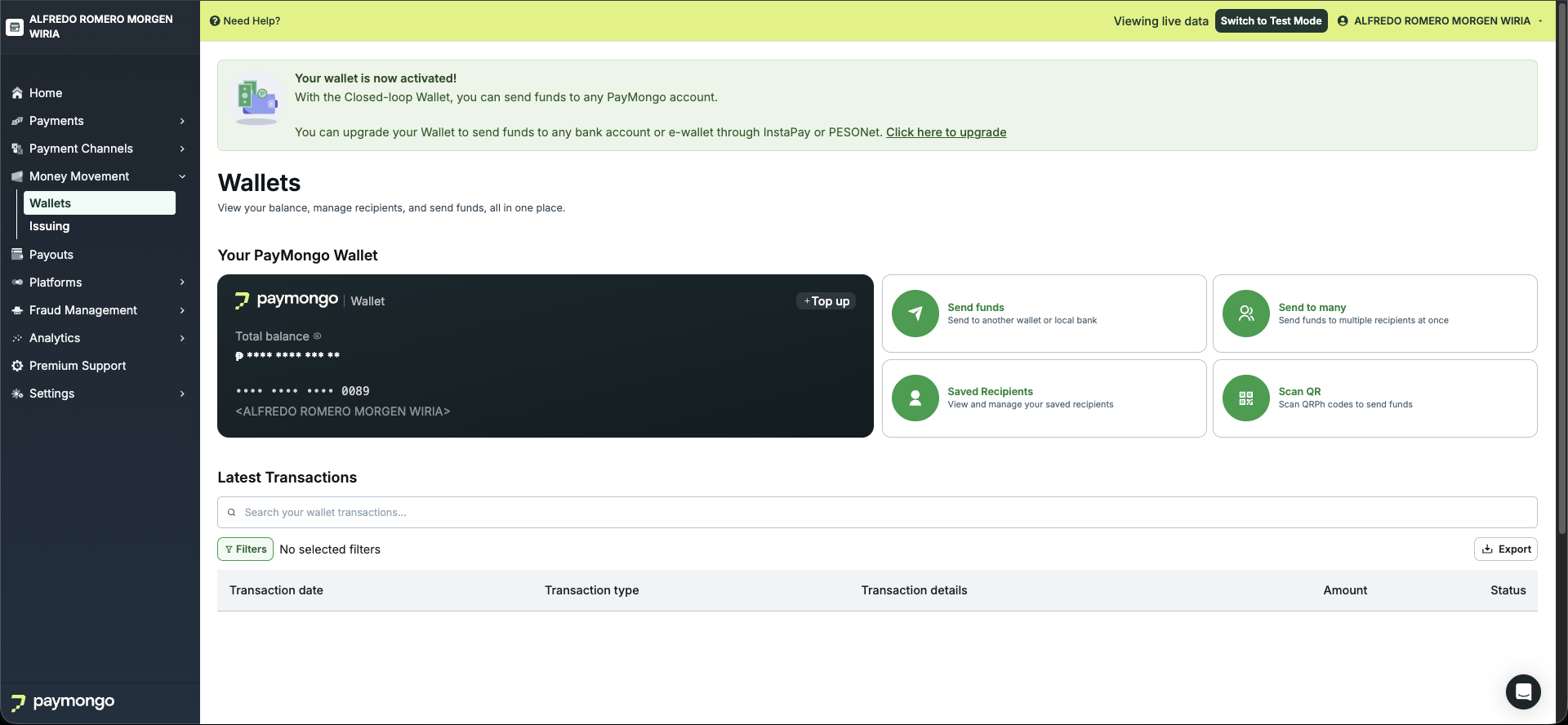 Closed-loop wallet banner with enable prompt on the Wallets page