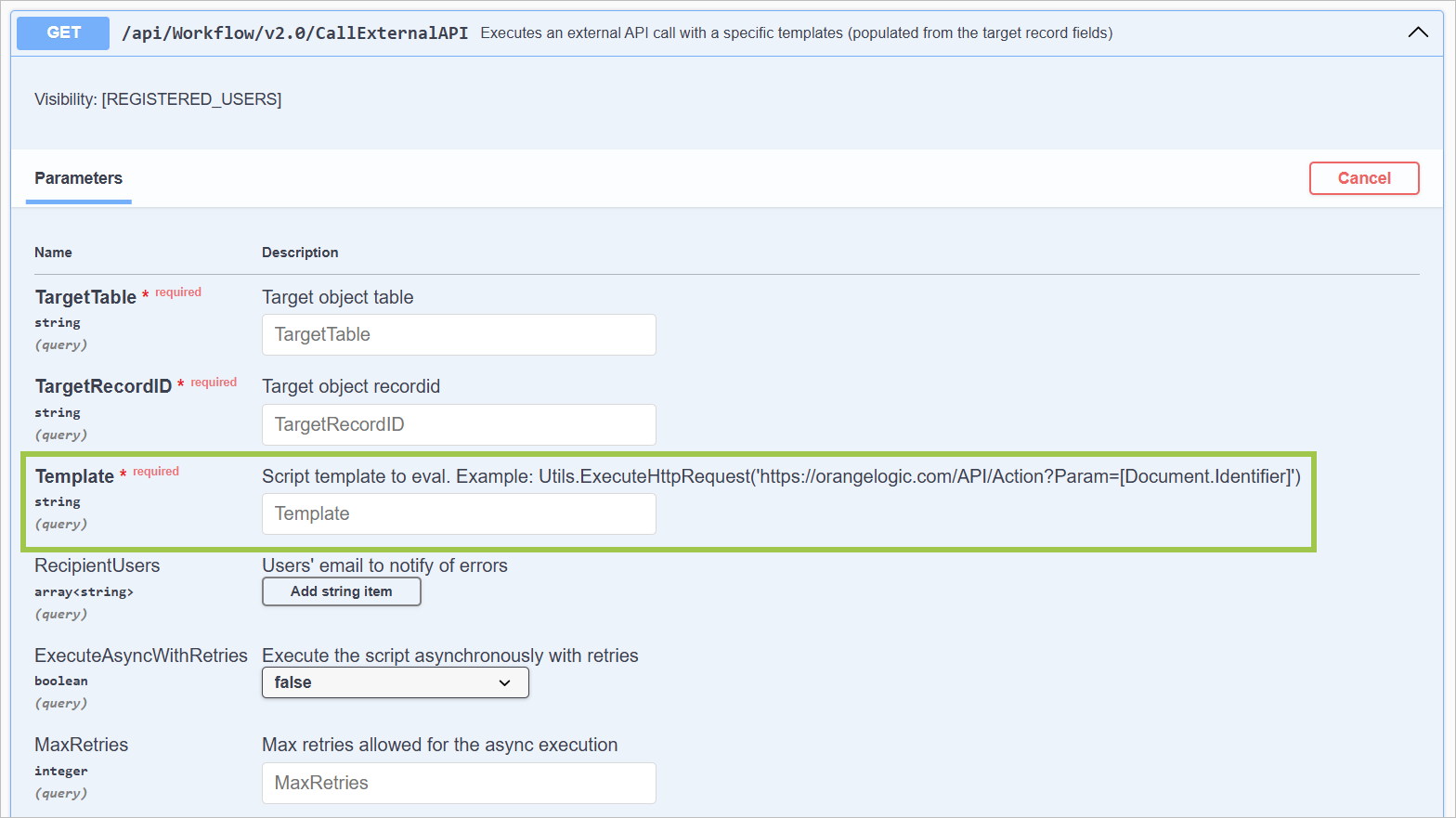 Script for a Call external API call in Swagger