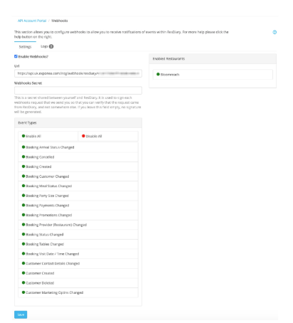 ResDiary API Portal webhook settings with Bloomreach URL and event type configuration