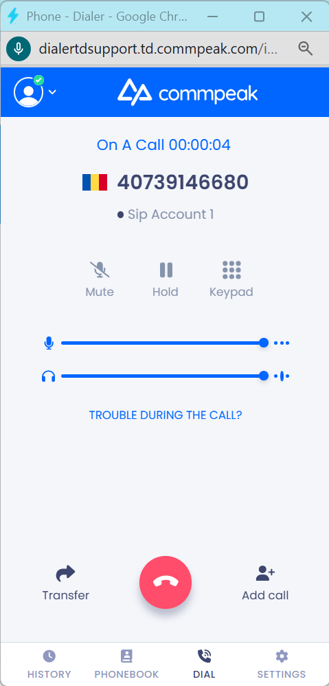 Screenshot of the built-in Softphone active call options