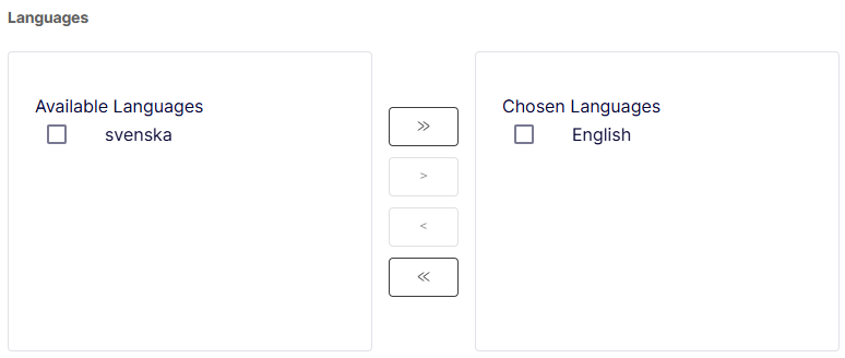Languages section of the Create Market form with Available Languages and Chosen Languages panels
