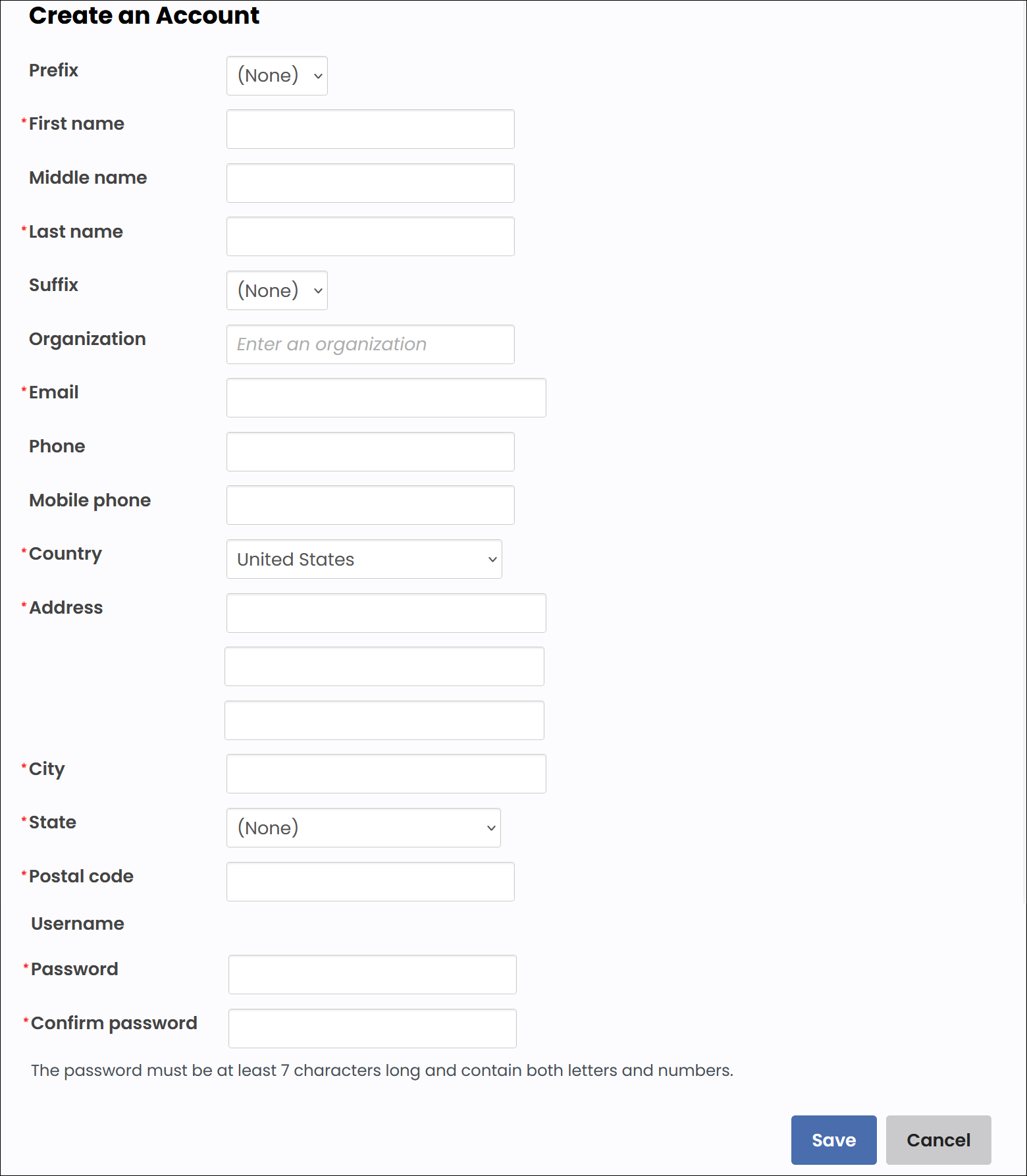 Entering the create account details