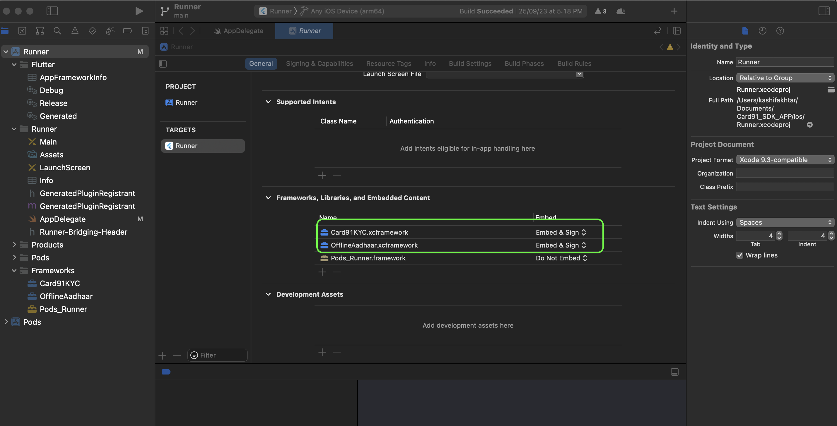 Drag and drop the framework on General Setting of the project