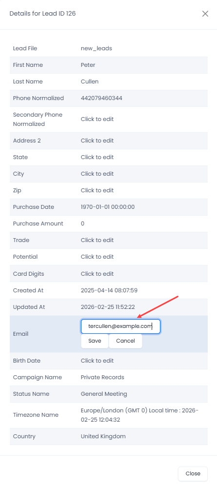 Screenshot with editing the lead data
