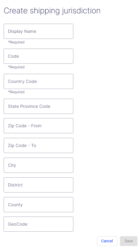 Create Shipping Jurisdiction form with Display Name, Code, Country Code, and geographic boundary fields