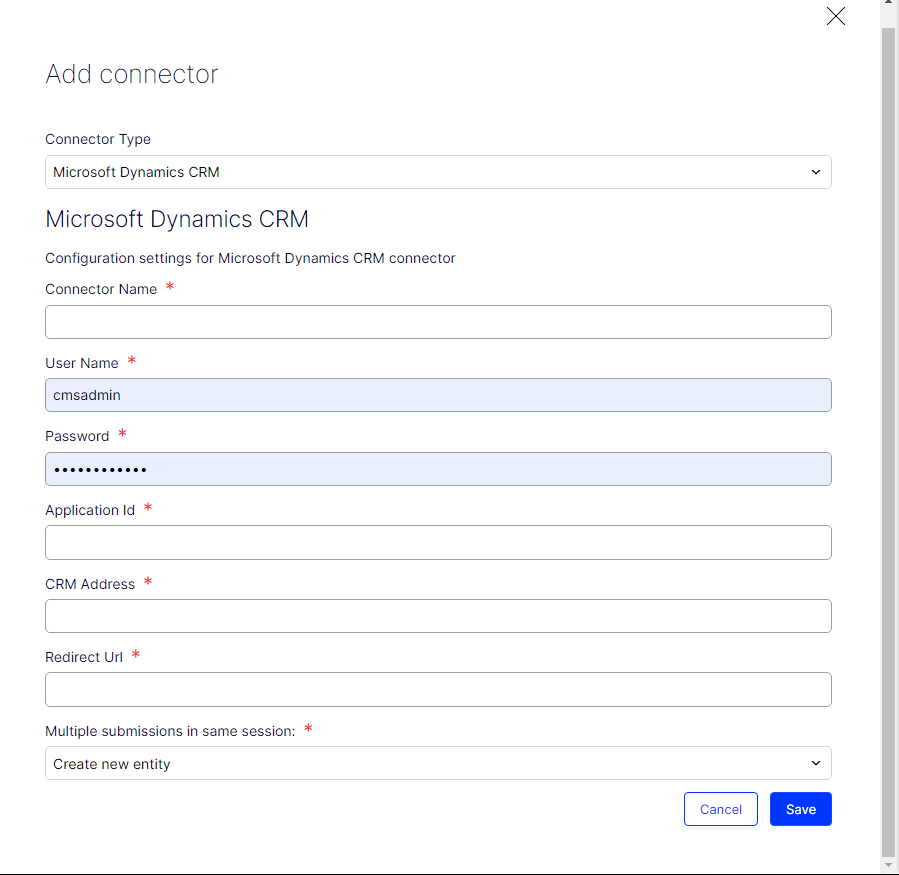 Screenshot of the Microsoft Dynamics CRM connector configuration settings where entering account credentials
