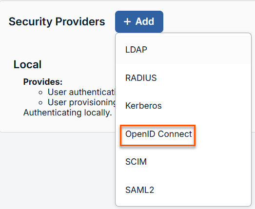 On the Security Providers page, the Add dropdown is displayed and shows OpenID Connect as one of the available options.