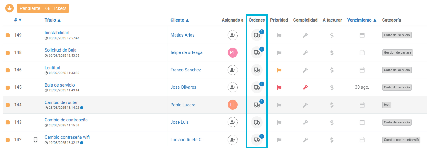 Identificación de órdenes en los tickets