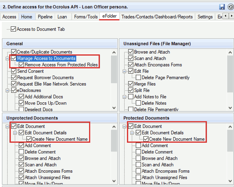 The eFolder tab within the Personas menu, detailing access rights for the newly-created persona. The permissions that should be enabled are highlighted.