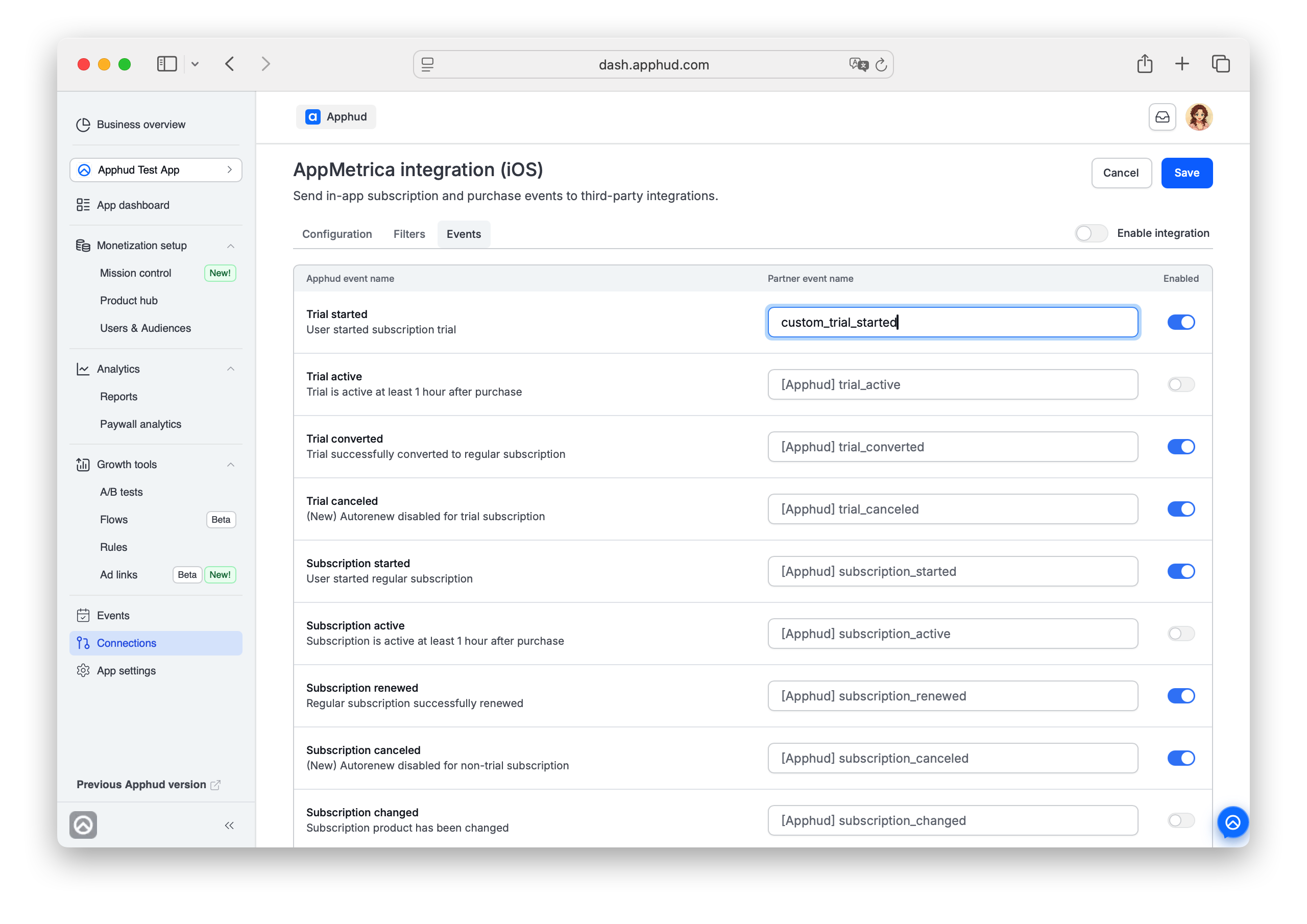 Apphud - AppMetrica events configuration