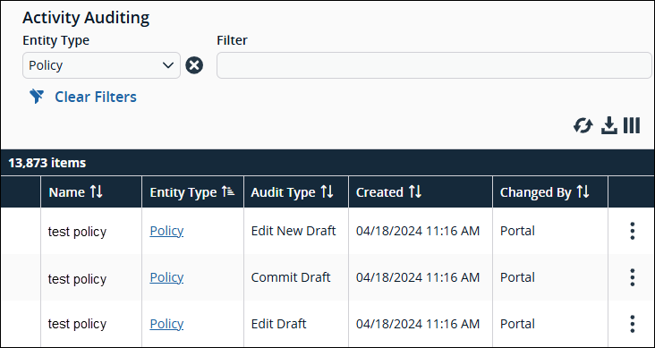 Auditing page in EPM showing Policy Editor API changes.