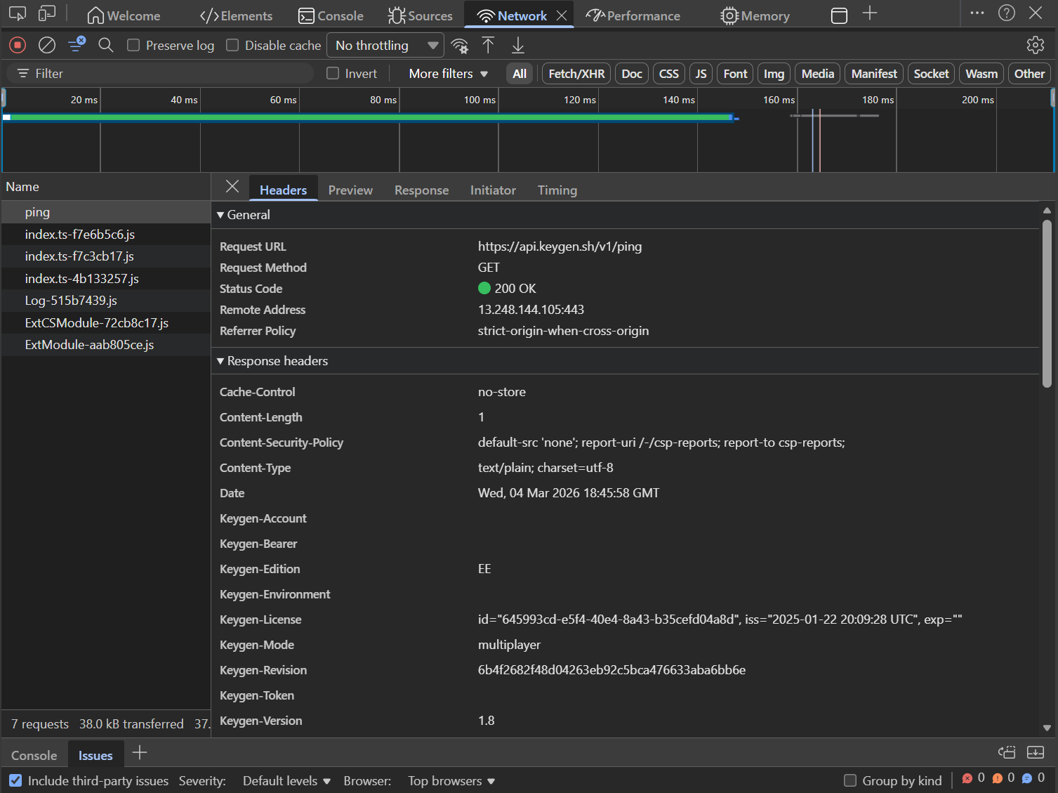 Keygen.sh response with Status Code 200.