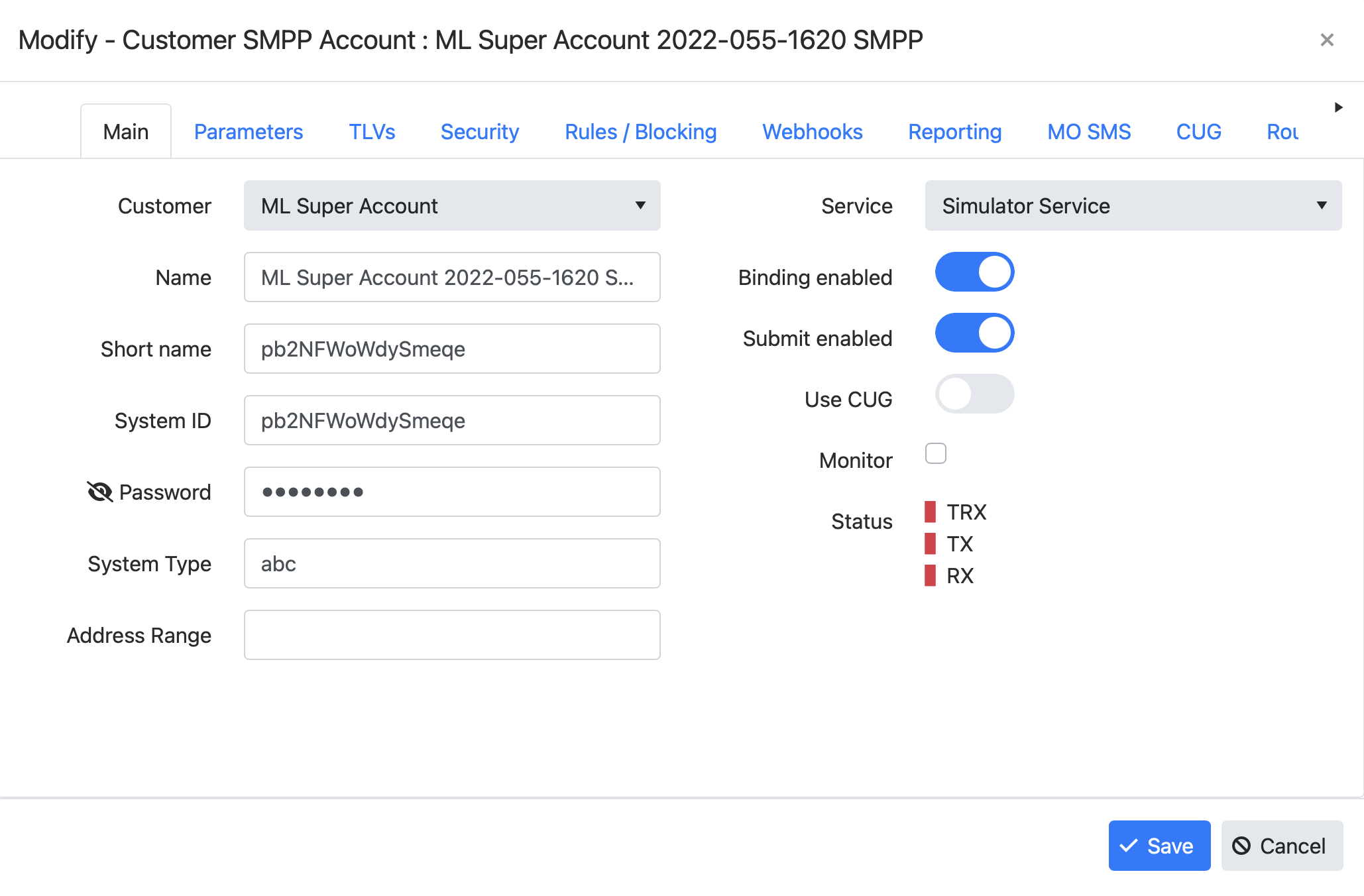 Customer SMPP account configuration dialog (edit existing SMPP account)