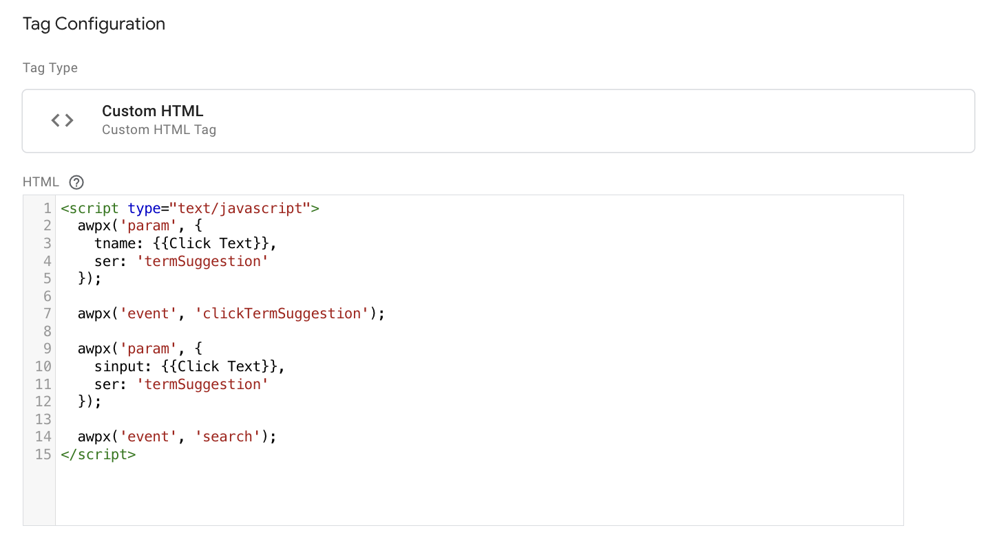a sample implementation of clickTermSuggestion as a custom HTML on GTM