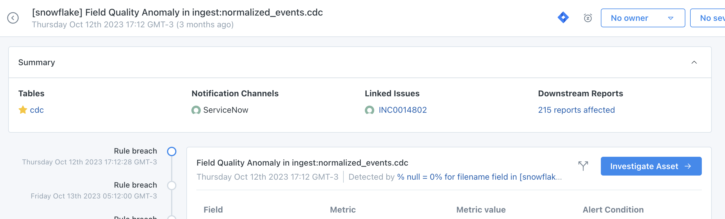 Incident in Monte Carlo showing linked ServiceNow Incidents