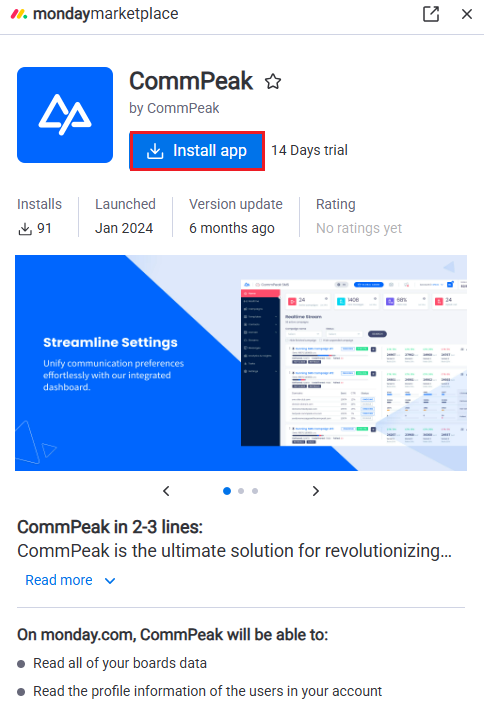 Screenshot of the Install button