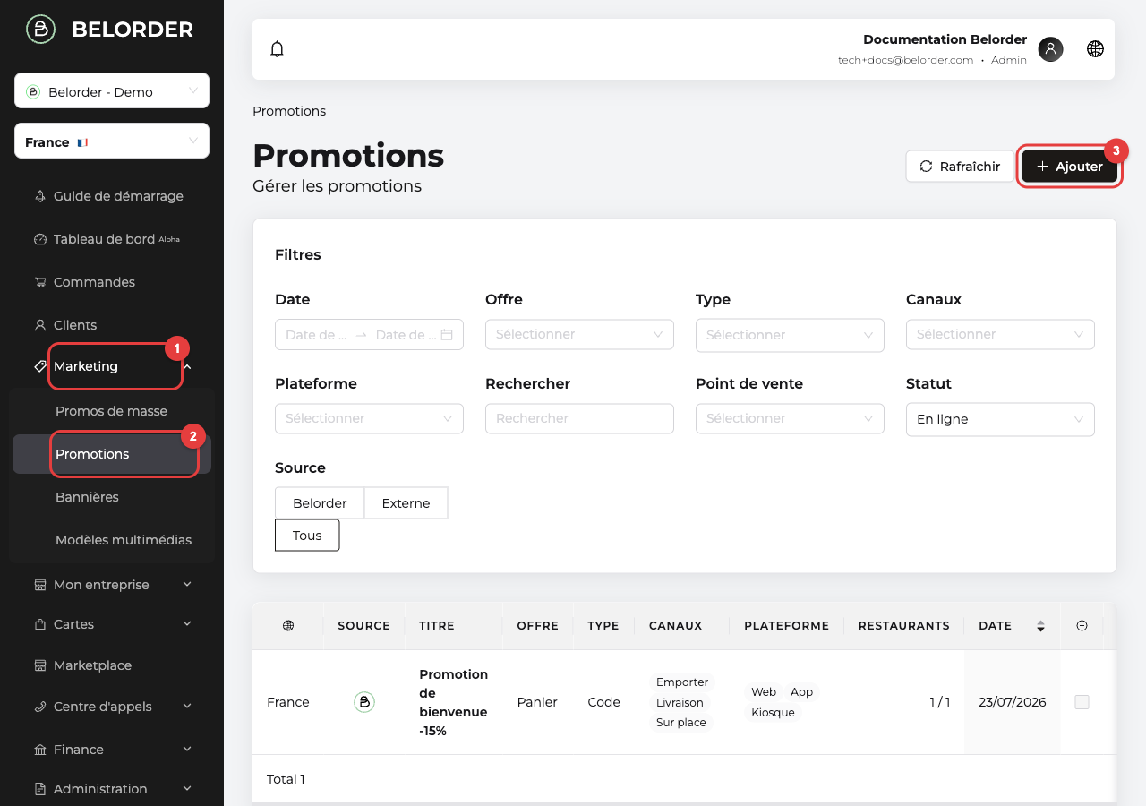 Navigation vers Marketing > Promotions