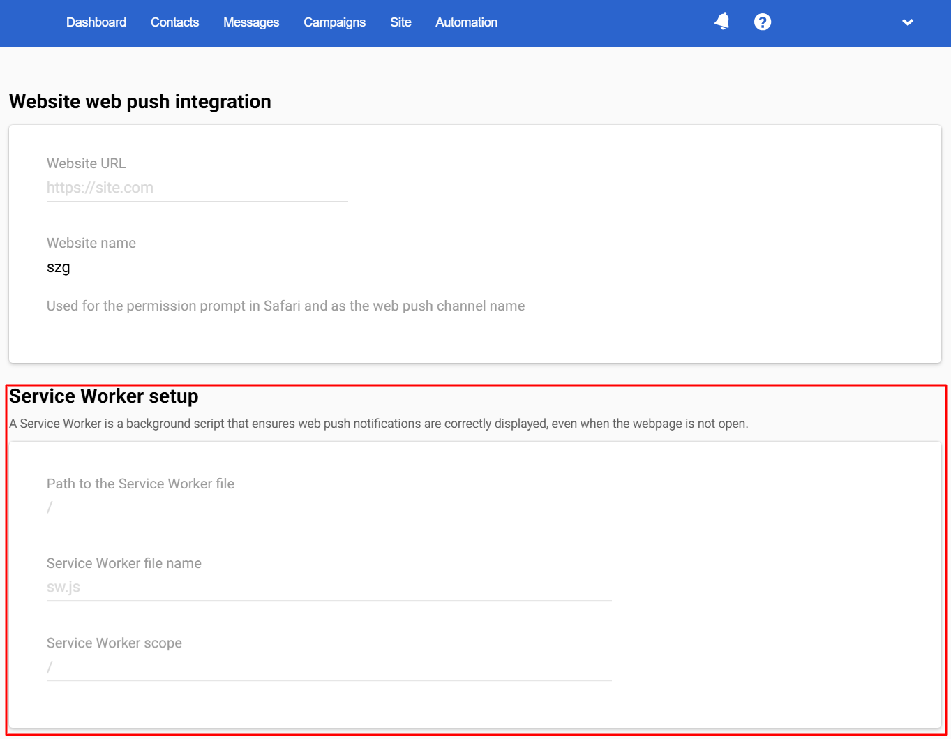 Service Worker setup section