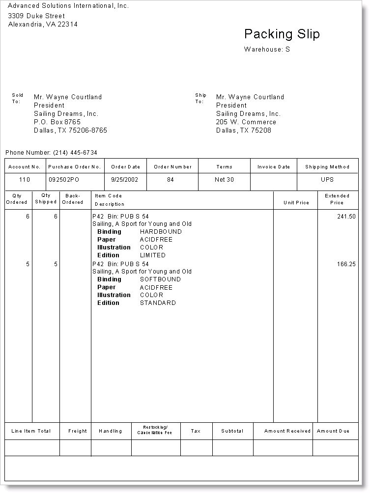 Example of a Packing Slip - Multi-Warehouses enabled