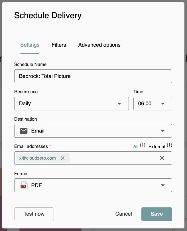 Schedule Delivery settings tab with recurrence, destination, and format options