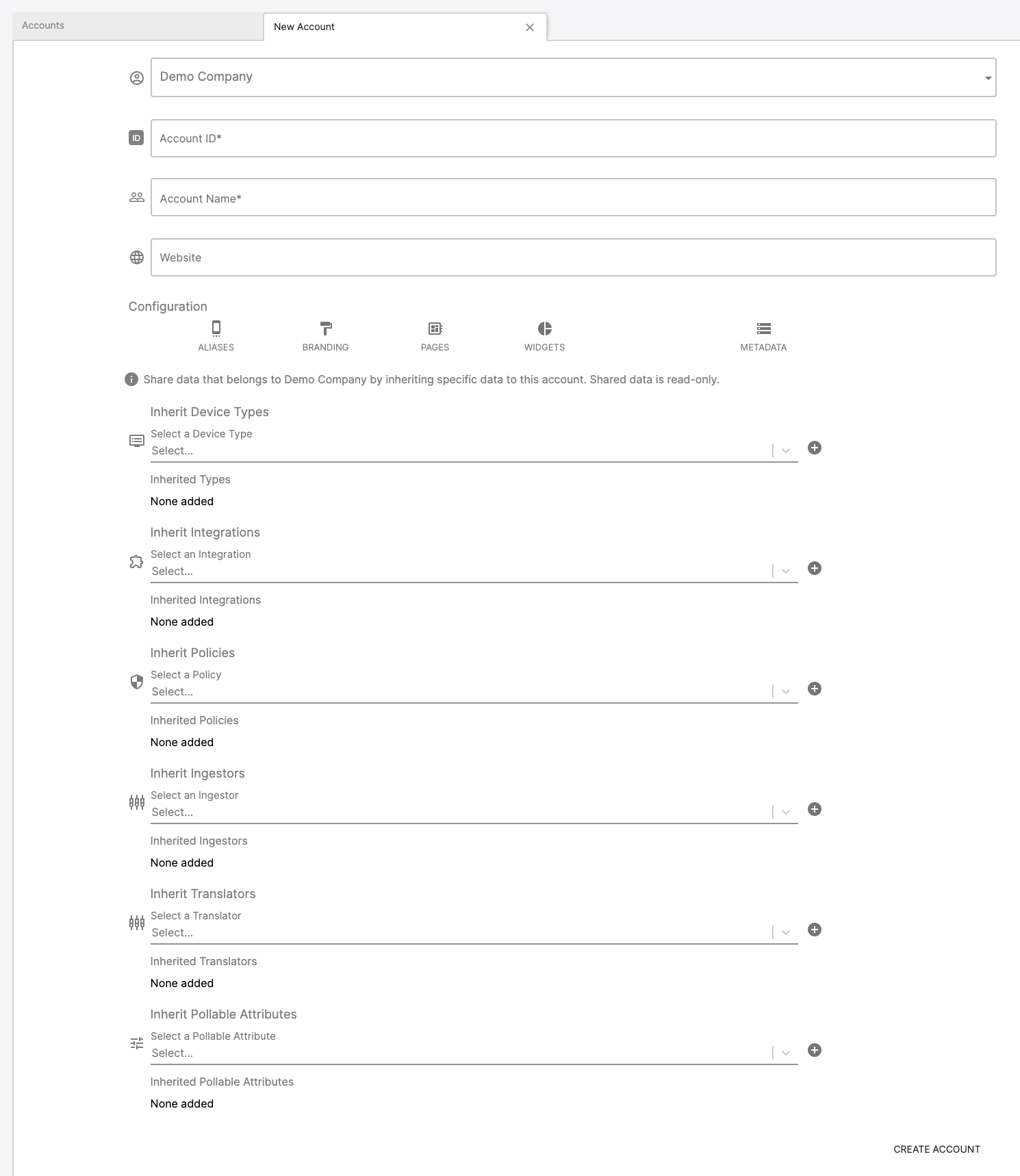 Account Creation - Sub-Account Data Sharing Options Tab
