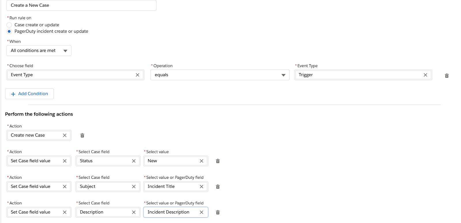 Example ruleset for creating new cases in Salesforce Service Cloud based on the content of a PagerDuty incident