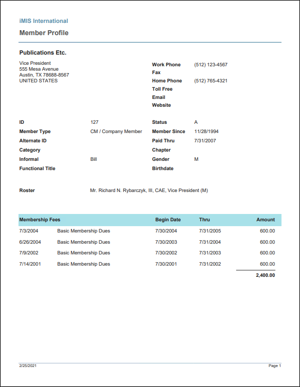 Viewing the Member Profile report example