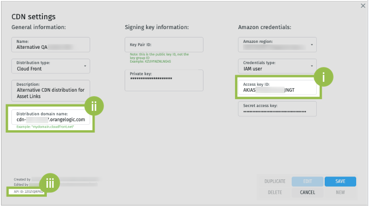 “CDN settings” window for a CloudFront distribution - some text intentionally blurred