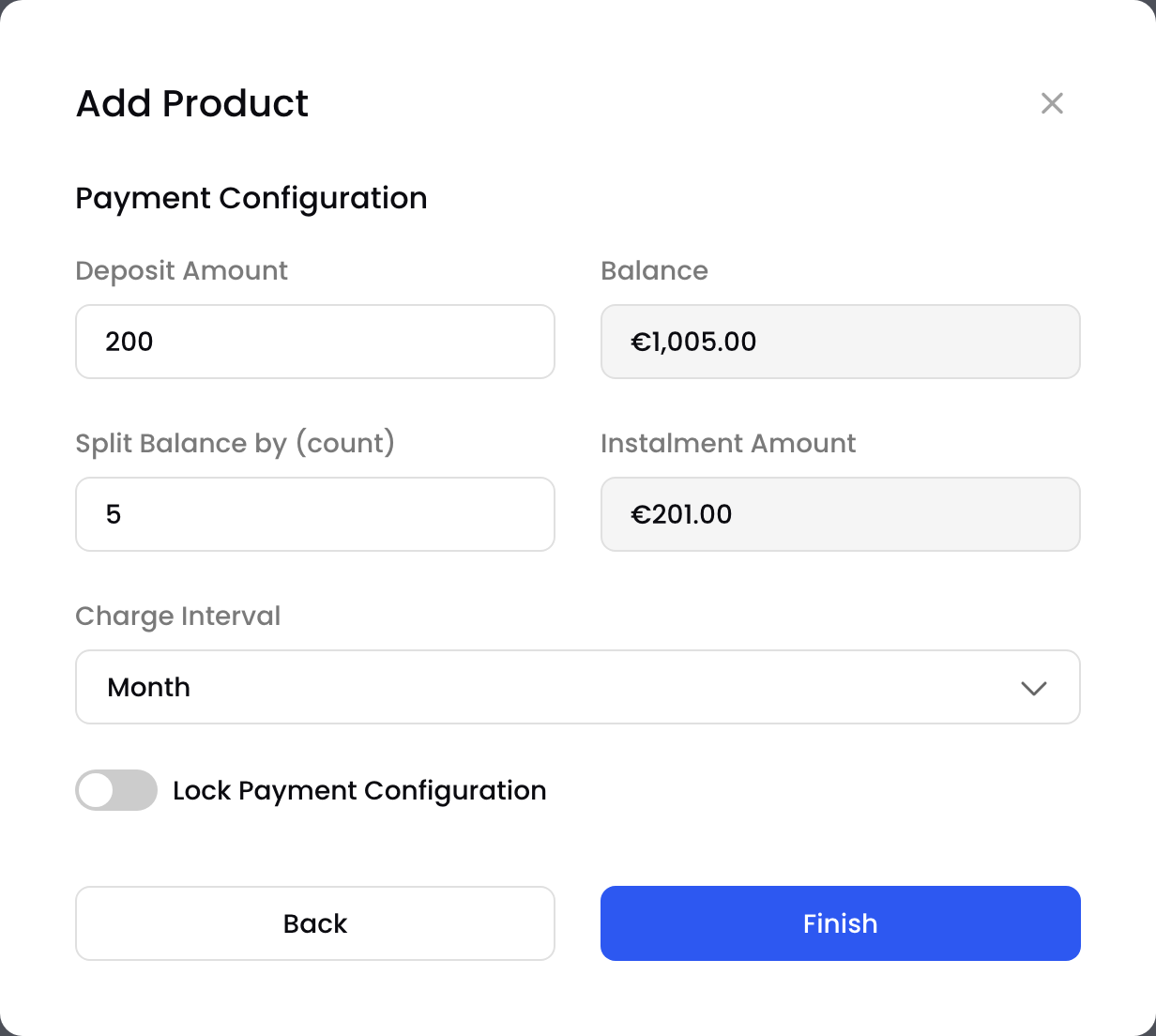 The Payment Configuration step with a deposit, five instalments and a monthly interval