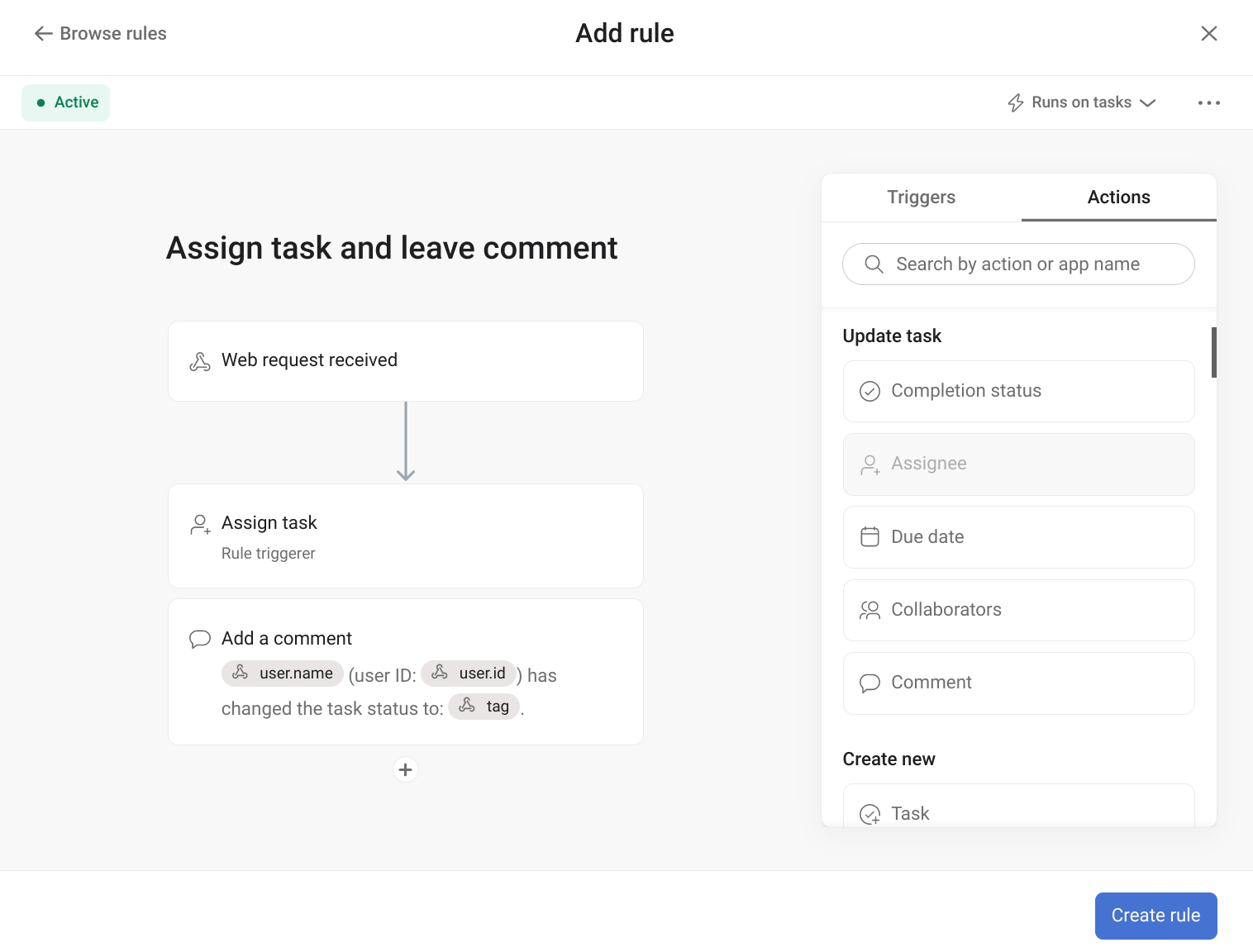 Incoming web requests allows you to build a low-code integration using Asana rules.