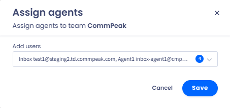 Screenshot of the dialog showing a message to confirm assigning an agent to team 'CommPeak' and the 'Save' and 'Cancel' buttons.