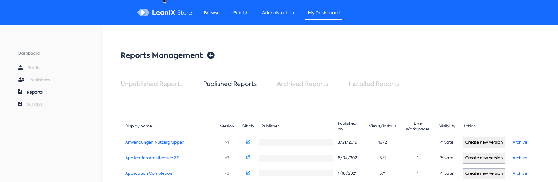 Overview of Published Reports in the LeanIX Store Dashboard