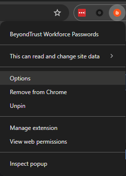 Image of the Chrome browser extension context menu for BeyondTrust Workforce Passwords.