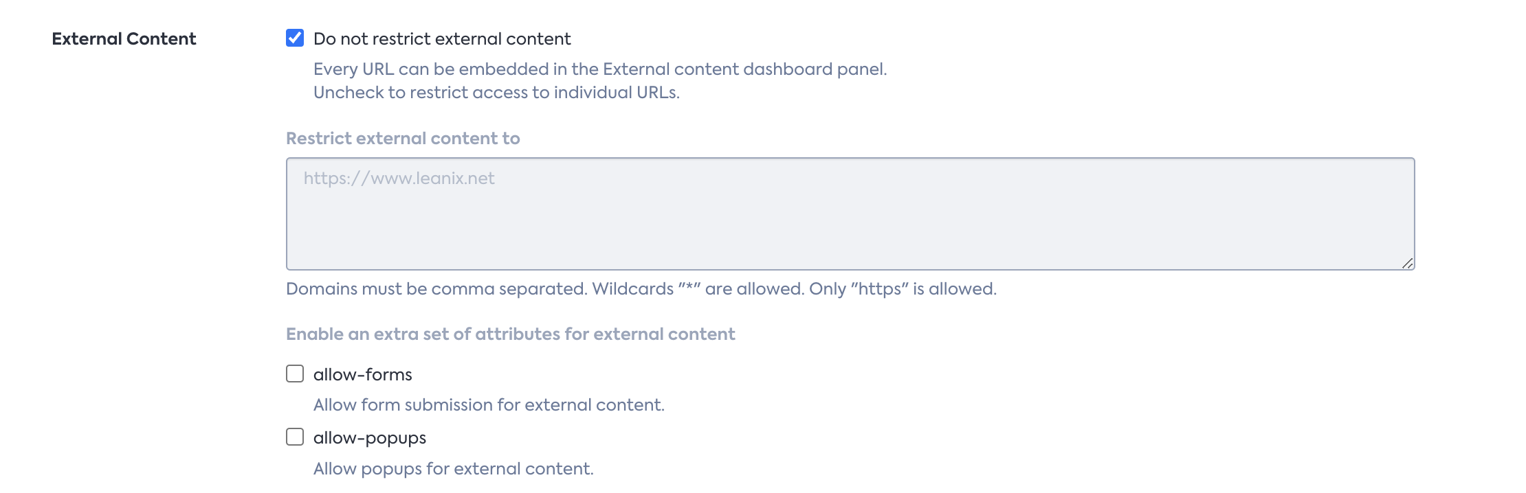Restricting External URLs in the External Content Dashboard Panel