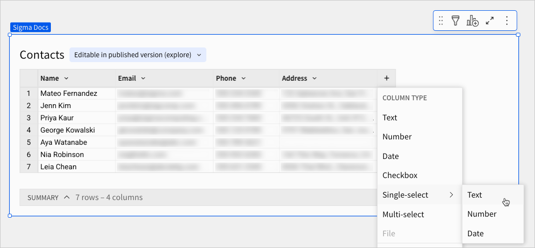 Image showing an input table with the column type menu open and cursor hovering over the Single-select > Text option.