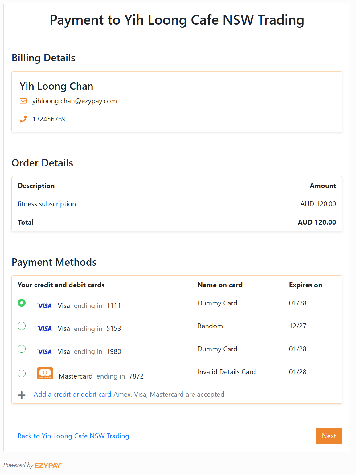 Figure 2: Checkout Page for Existing Customer